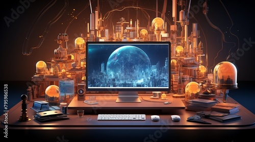 A beautifully arranged computer desk with sophisticated devices, 3D elements enhancing the artistic composition, ideal for tech enthusiasts ,3DCG,high resulution,clean sharp focu