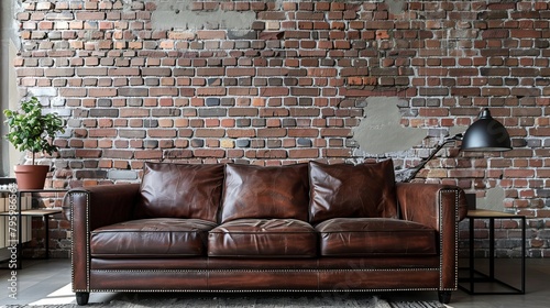 Contemporary loft space showcasing a three-seater leather sofa with metal trim, paired with an exposed brick wall and minimalist urban decorations