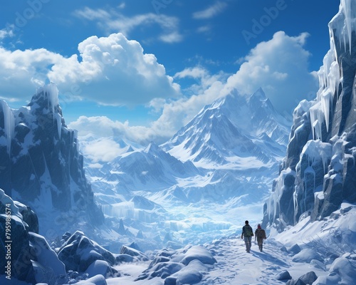 Adventurous tourists exploring a 3D icy mountain landscape with fantasy elements, capturing the essence of thrilling exploration ,3DCG,high resulution,clean sharp focu photo