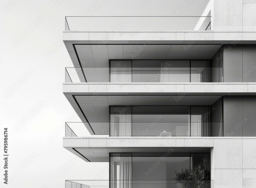 b'Balconies of a modern apartment building with large glass windows' b'Balconies of a modern apartment building with large glass windows'