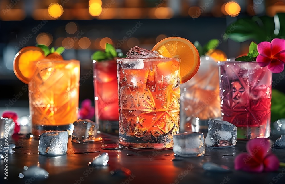 Set of various alcoholic cocktails in glasses on a bar counter. Different colored cocktails. Set of various alcoholic cocktails in glasses on a bar counter. Different colored cocktails.