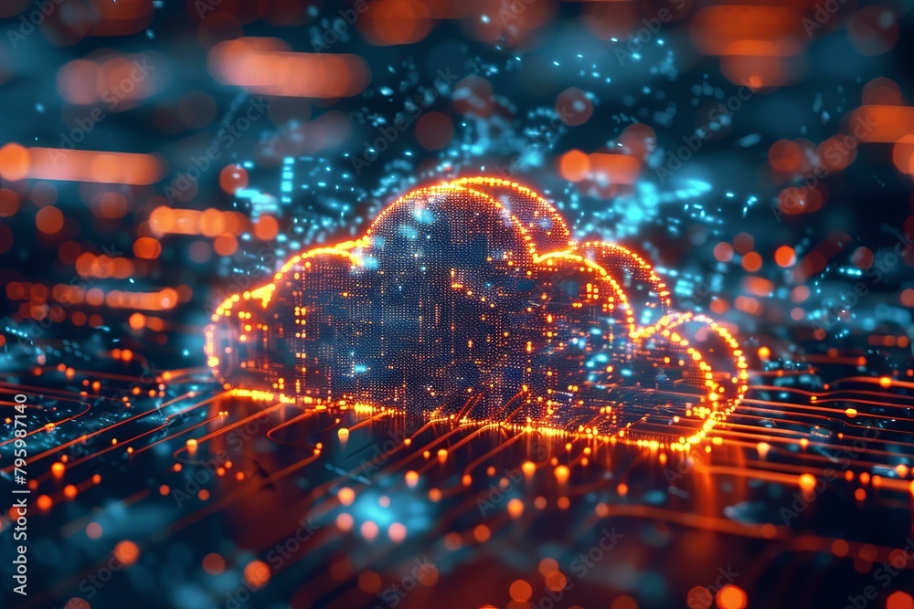 b'Glowing orange cloud of data particles over a circuit board' b'Glowing orange cloud of data particles over a circuit board'