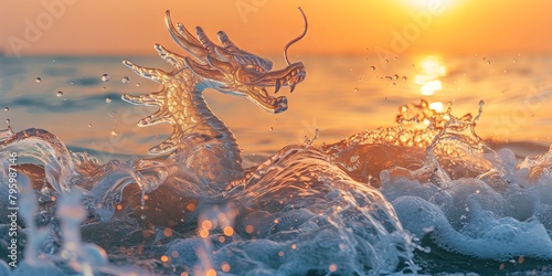 In the rays of a spring dawn, the splash of a wave accidentally formed a cheerful dragon