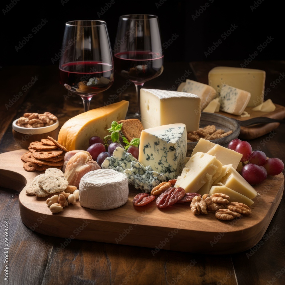 b'A wooden board filled with different types of cheese, grapes, crackers, and nuts'