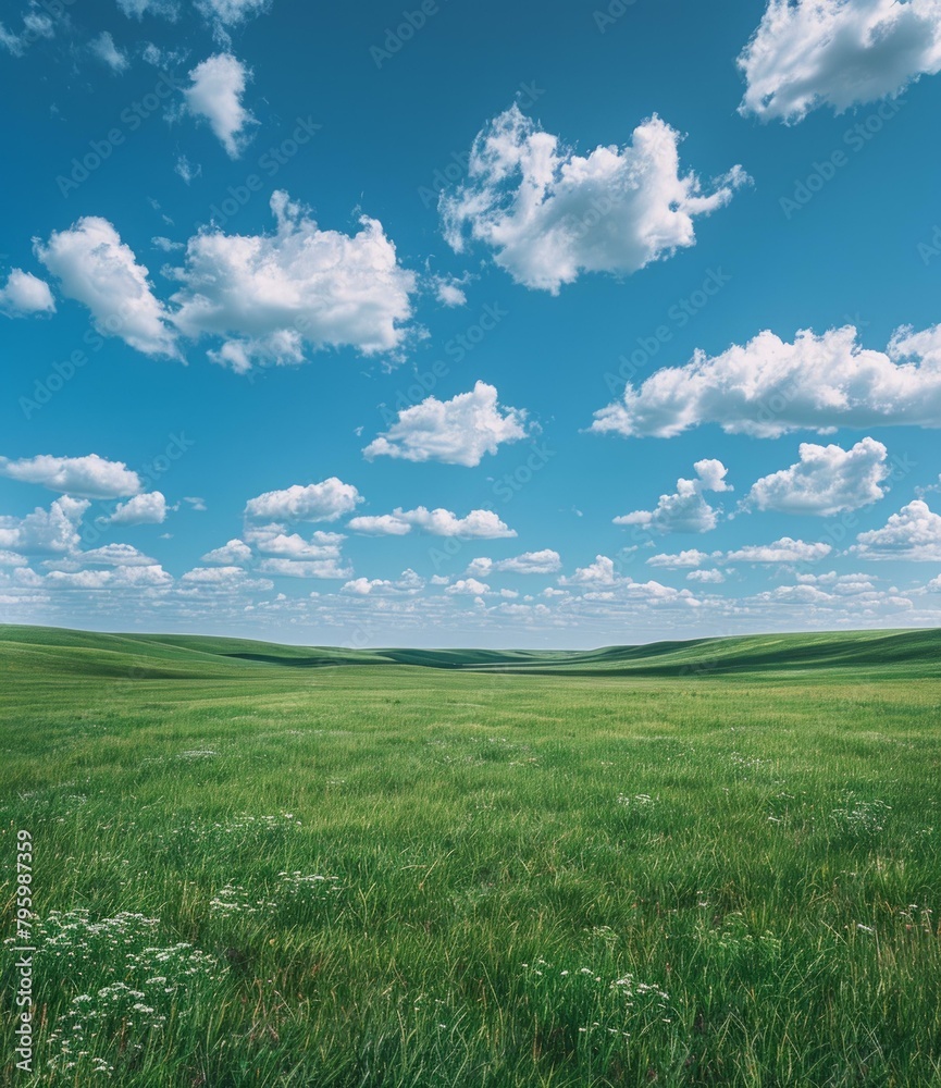 Fototapeta premium b'Grasslands under blue sky and white clouds'