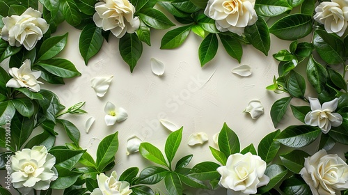 Top view of white gardenia on plain white backdrop decorated like a frame and a big space for text or product advertisement background, Generative AI.