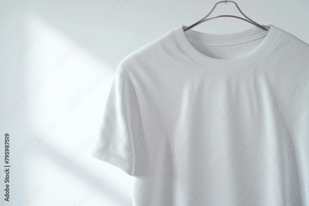 b'A white T-shirt hanging on a hanger against a white background' b'A white T-shirt hanging on a hanger against a white background'
