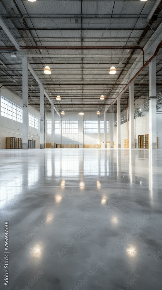b'Large empty warehouse interior with shiny concrete floor and large windows'
