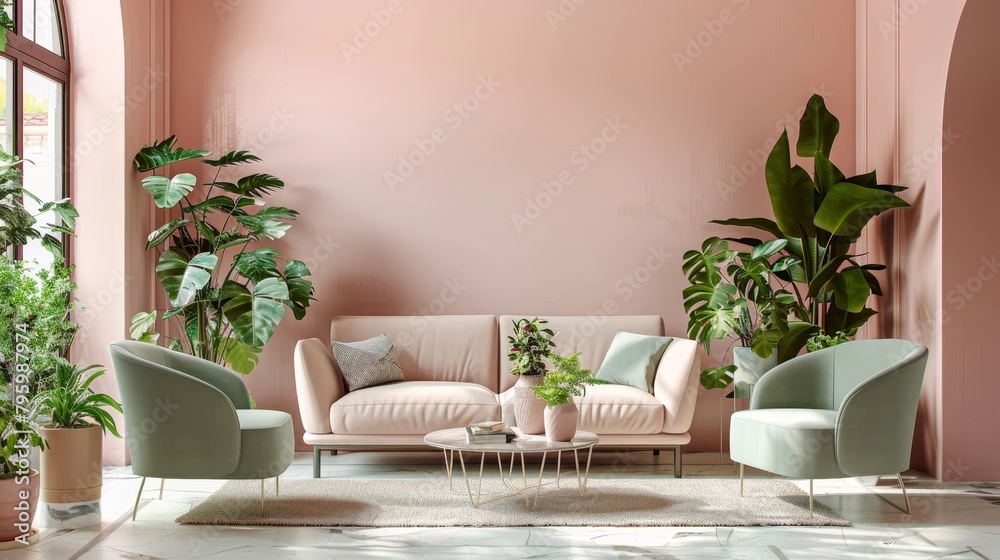 Elegant living room with a pastel pink wall, beige sofa, and mint chairs, adorned with lush green flowerpots, capturing a serene and stylish ambiance