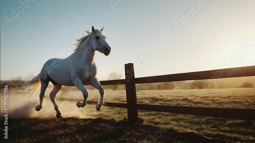 White horse galloping on pasturage at sunset. photo