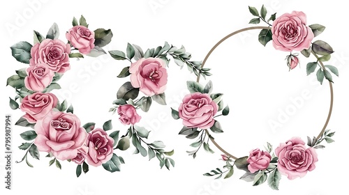 Wreaths  set floral frames  watercolor flowers pink roses  Illustrations hand painted. Isolated on white background. Perfectly for greeting card design. Generative Ai