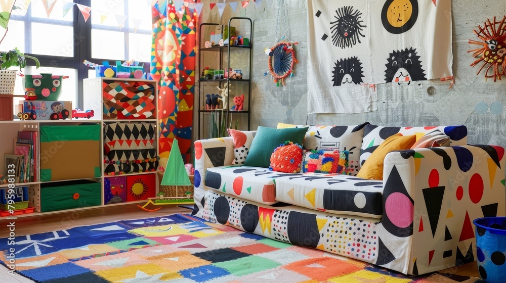 Fun-filled kids' playroom with a uniquely patterned sofa, colorful banners, and lively decor, ideal for energetic play Fun-filled kids' playroom with a uniquely patterned sofa, colorful banners, and lively decor, ideal for energetic play