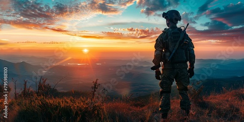 Soldier standing on a hilltop overlooking a valley at sunset photo