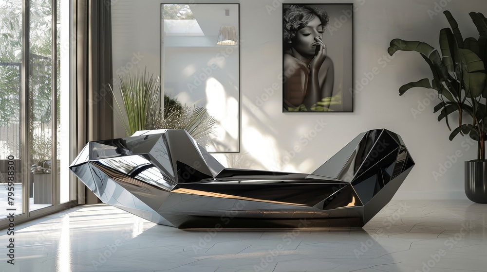 Futuristic sofa design with sharp, angular lines and metallic finishes, positioned in a sleek art studio with cutting-edge, avant-garde elements