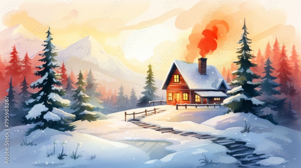 An inviting watercolor illustration of a cozy cabin nestled in a snowy forest at sunset, with smoke rising from the chimney and a tranquil mountain backdrop.
