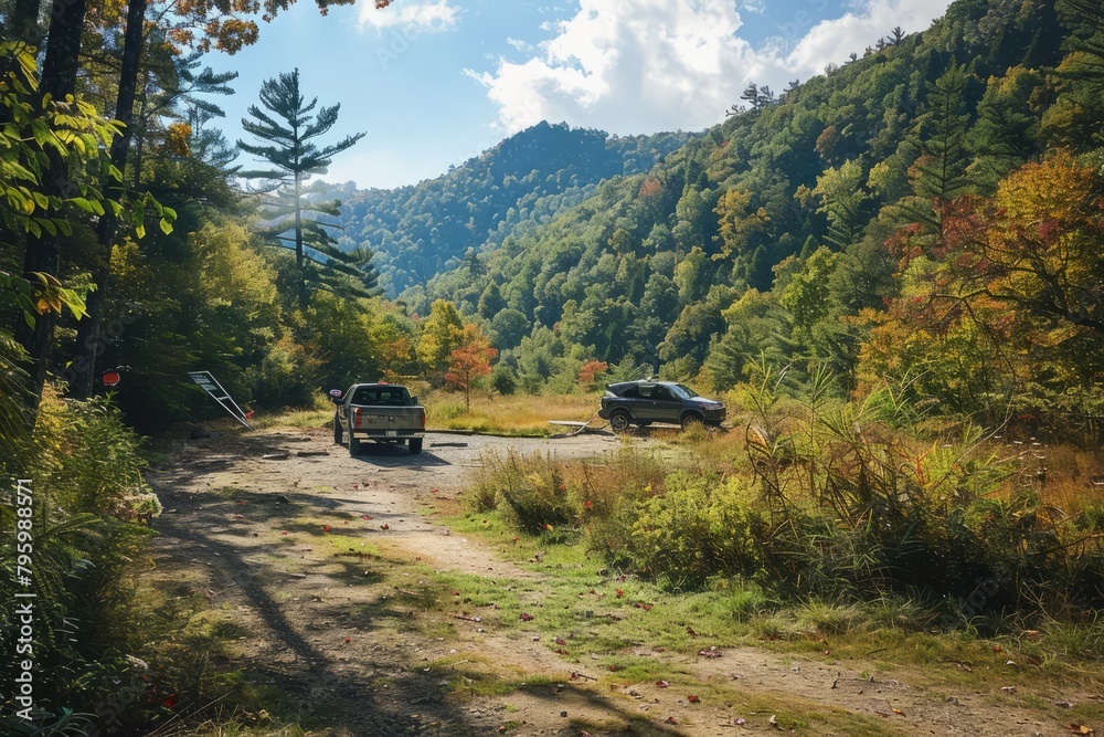 Obraz premium A remote wilderness parking lot at the trailhead of a scenic hiking route through the mountains, Generative AI