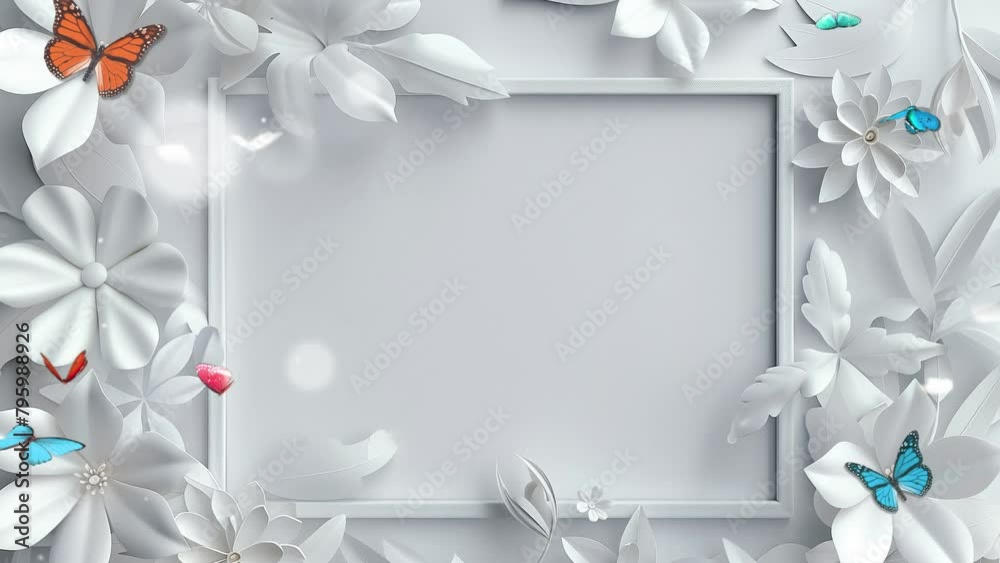 white frame with white flowers on white background. seamless looping overlay 4k virtual video animation background
