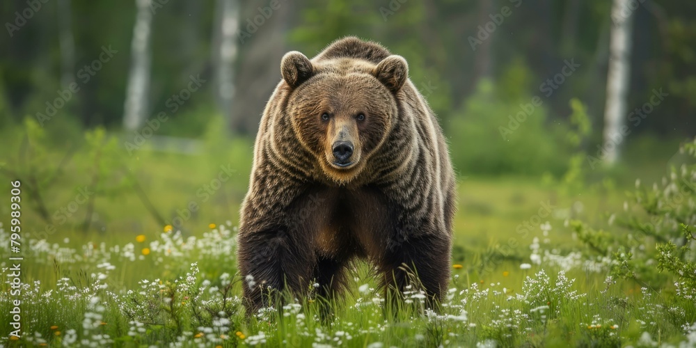 b'Large brown bear in a green field of flowers' b'Large brown bear in a green field of flowers'