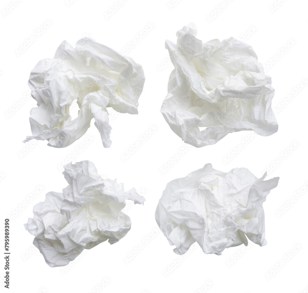 Top view set of screwed or crumpled tissue paper balls after use in toilet or restroom isolated with clipping path in png file format