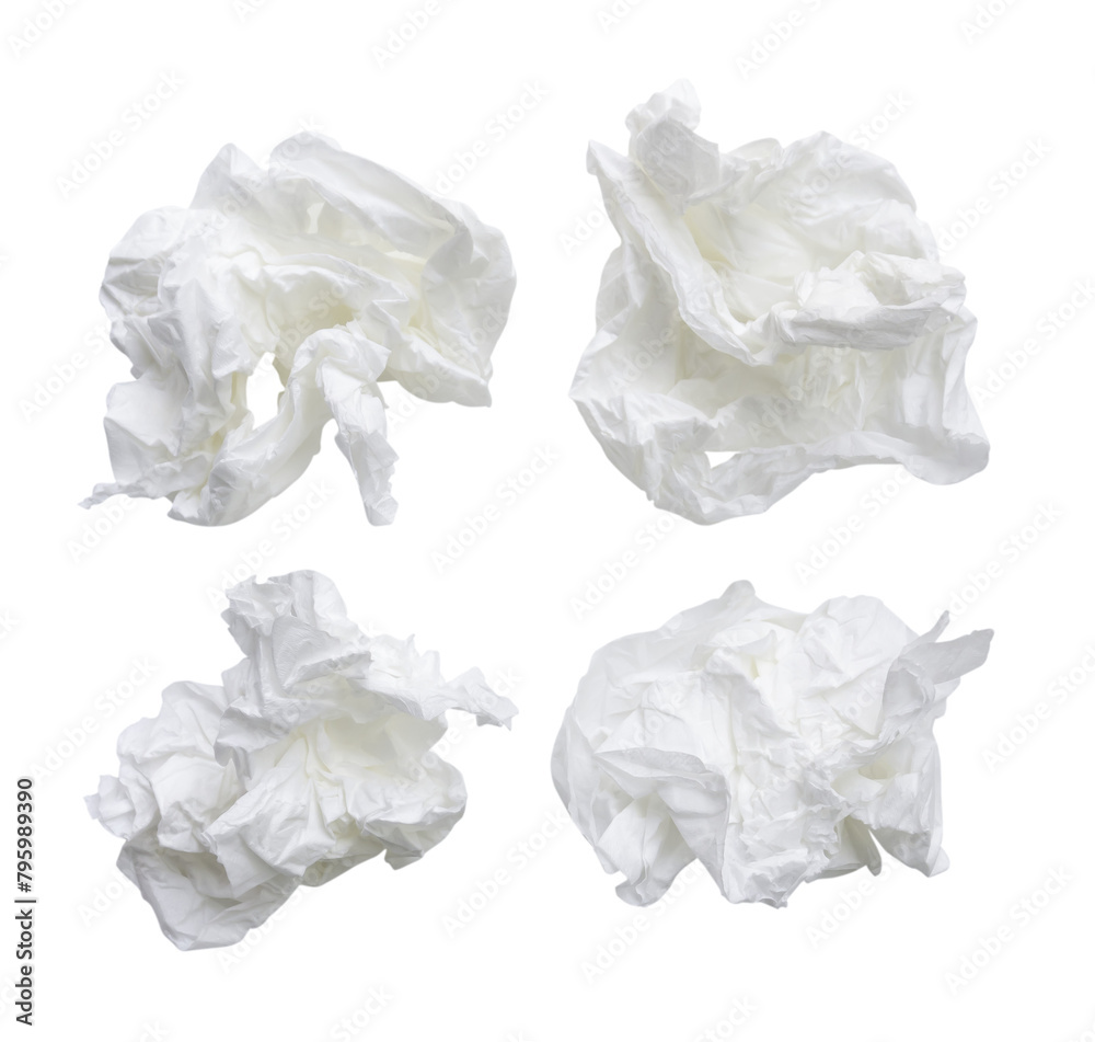 Top view set of screwed or crumpled tissue paper balls after use in toilet or restroom isolated with clipping path in png file format Top view set of screwed or crumpled tissue paper balls after use in toilet or restroom isolated with clipping path in png file format
