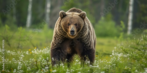 b'Large brown bear in a green field of flowers' photo