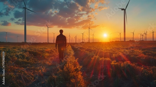 b'Man walking through a field of wind turbines at sunset' photo