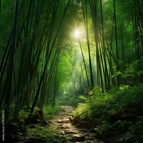 b'The sun shines through the bamboo forest'