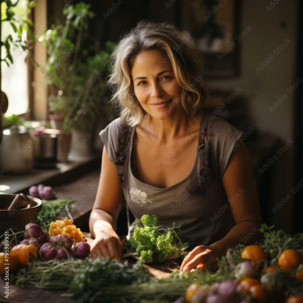 b'Portrait of a smiling woman with gray hair in a kitchen'