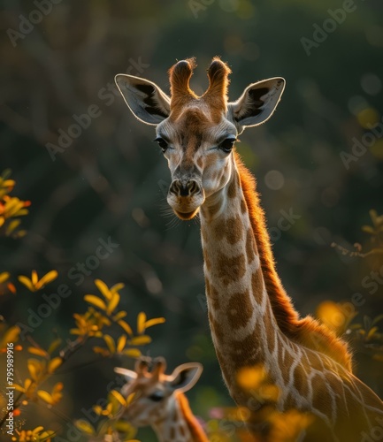 b'A tall giraffe standing in the middle of a forest with green leaves'