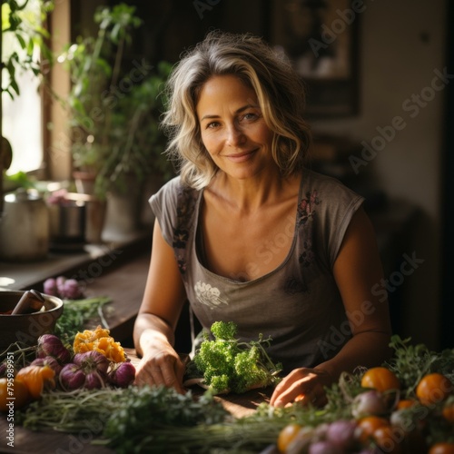 b Portrait of a smiling woman with gray hair in a kitchen 