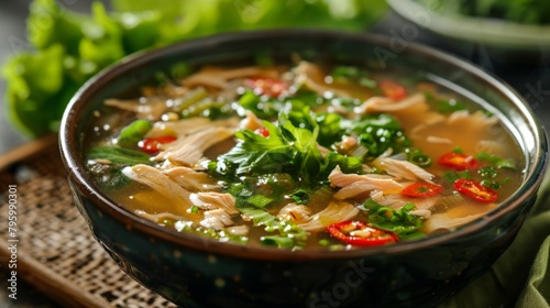 A bowl of soup with meat and vegetables