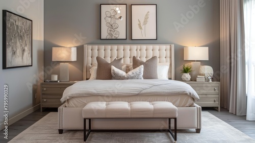 Luxurious bedroom with pastel gray walls  king-sized bed with high thread count linens  chic bedside lighting