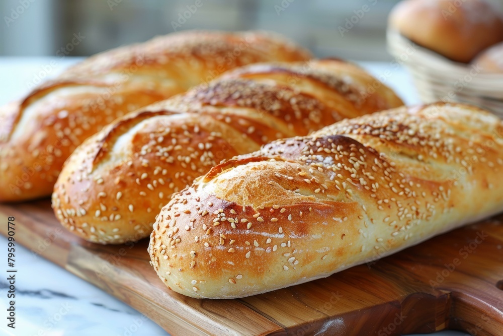Freshly Baked Bread Loaves with Sesame Seeds on Wooden Board