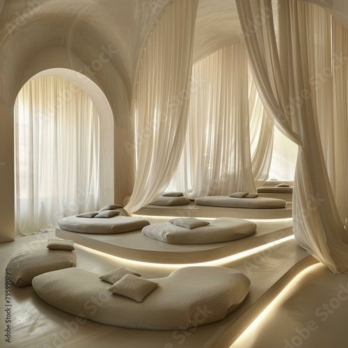 b Tranquil space with soft lighting and comfortable seating 