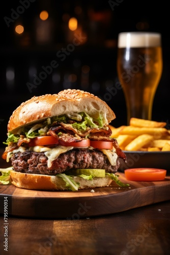 b'A delicious burger with fries and a glass of beer'