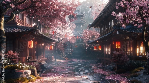 b'Japanese street with cherry blossoms'
