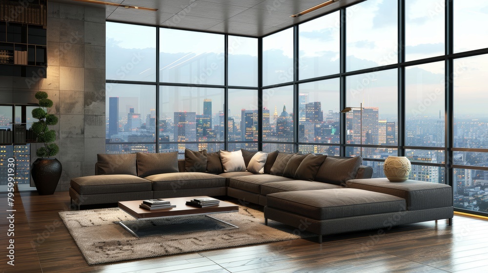 Modern city living room with luxurious sofa, trendy furnishings, and a view of the bustling city life below