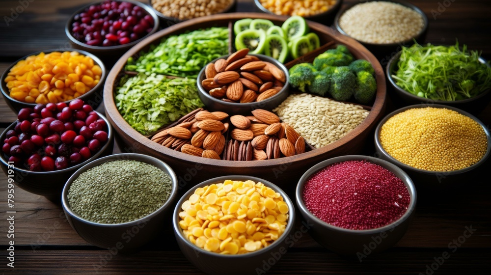 b'Various types of nuts and grains arranged in a wooden container'