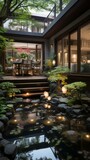 b'Courtyard with a pond and a wooden deck surrounded by trees and plants'