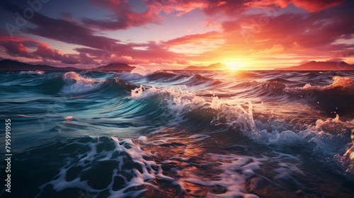 b'Sunset at sea with large waves crashing against the shore'