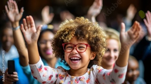 b'Little girl with curly hair smiling and raising her hands in a crowd'
