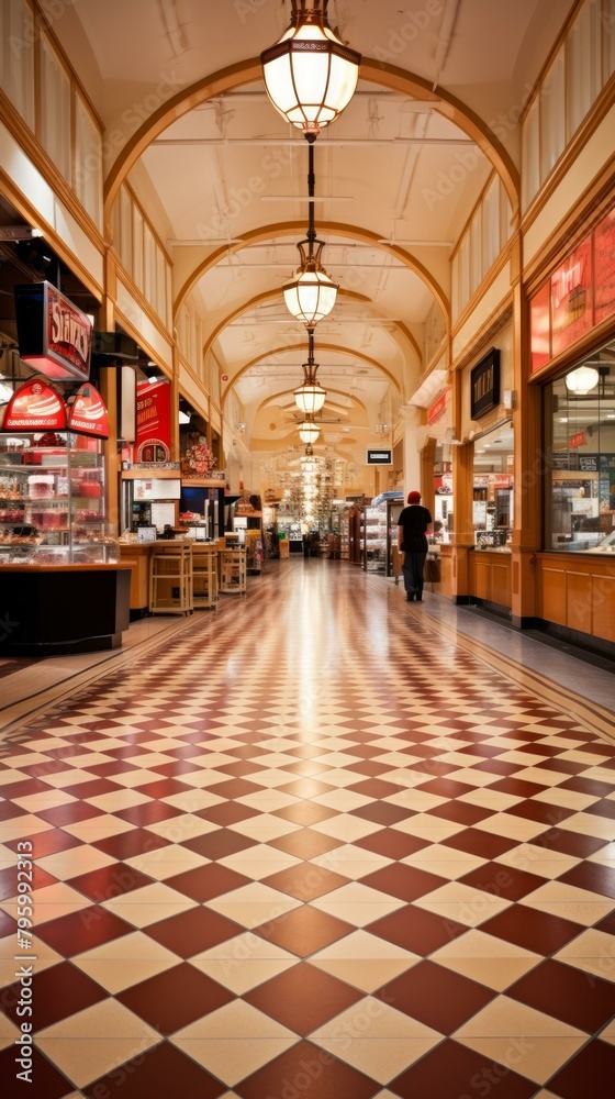 b'A long hallway with a red and white checkered floor'