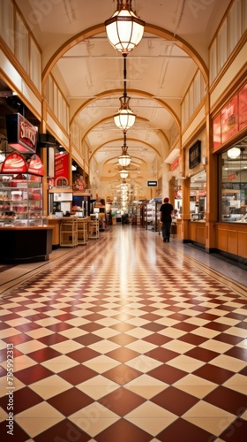 b'A long hallway with a red and white checkered floor'