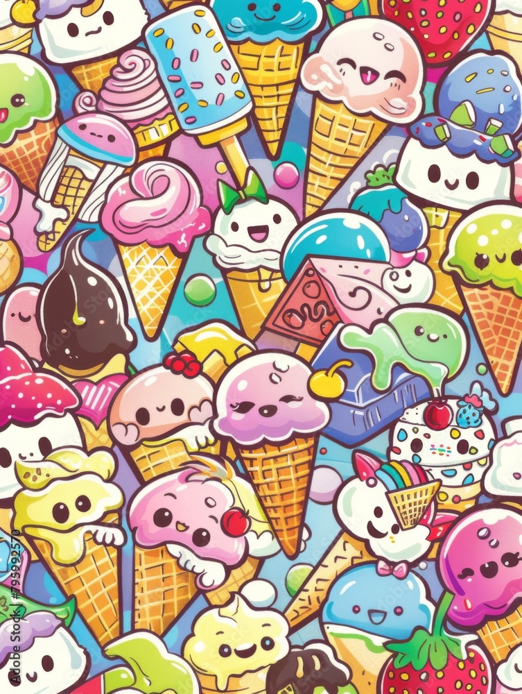 A background filled with cute cartoon ice creams and cones A background filled with cute cartoon ice creams and cones