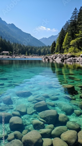 b'Crystal clear water in a lake surrounded by green mountains'