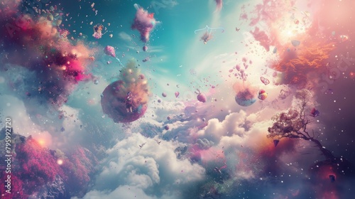 b'A surreal dreamscape with floating islands and colorful clouds' photo