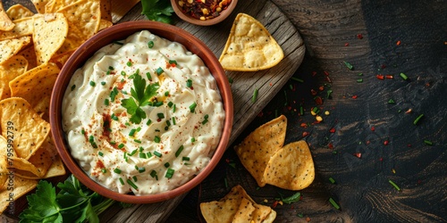 Homemade sour cream and onion dip with tortilla chips photo