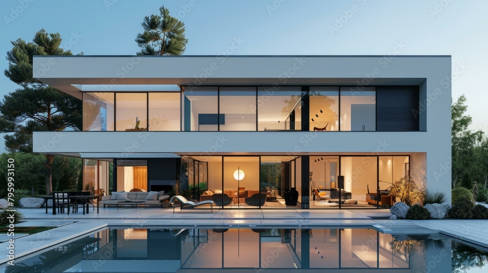 b'Modern house with pool and large glass windows'