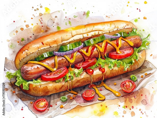 Hotdog in bright pastel watercolor, hand drawn, vibrant and appealing food art