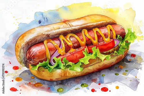 Watercolor hand drawn tasty hotdog, vibrant and appetizing illustration